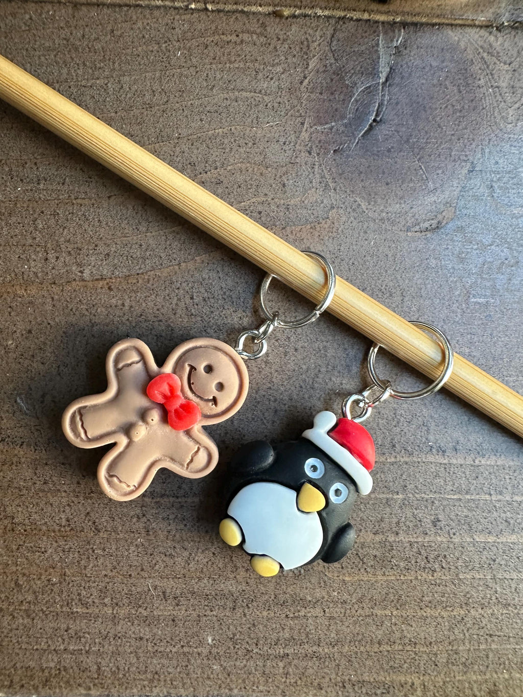 Gingerbread man and Christmas penguin stitch marker set