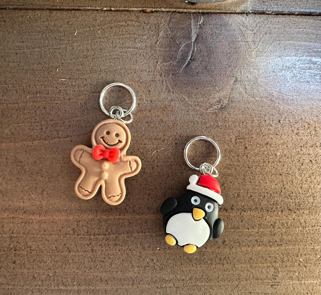 Gingerbread man and Christmas penguin stitch marker set