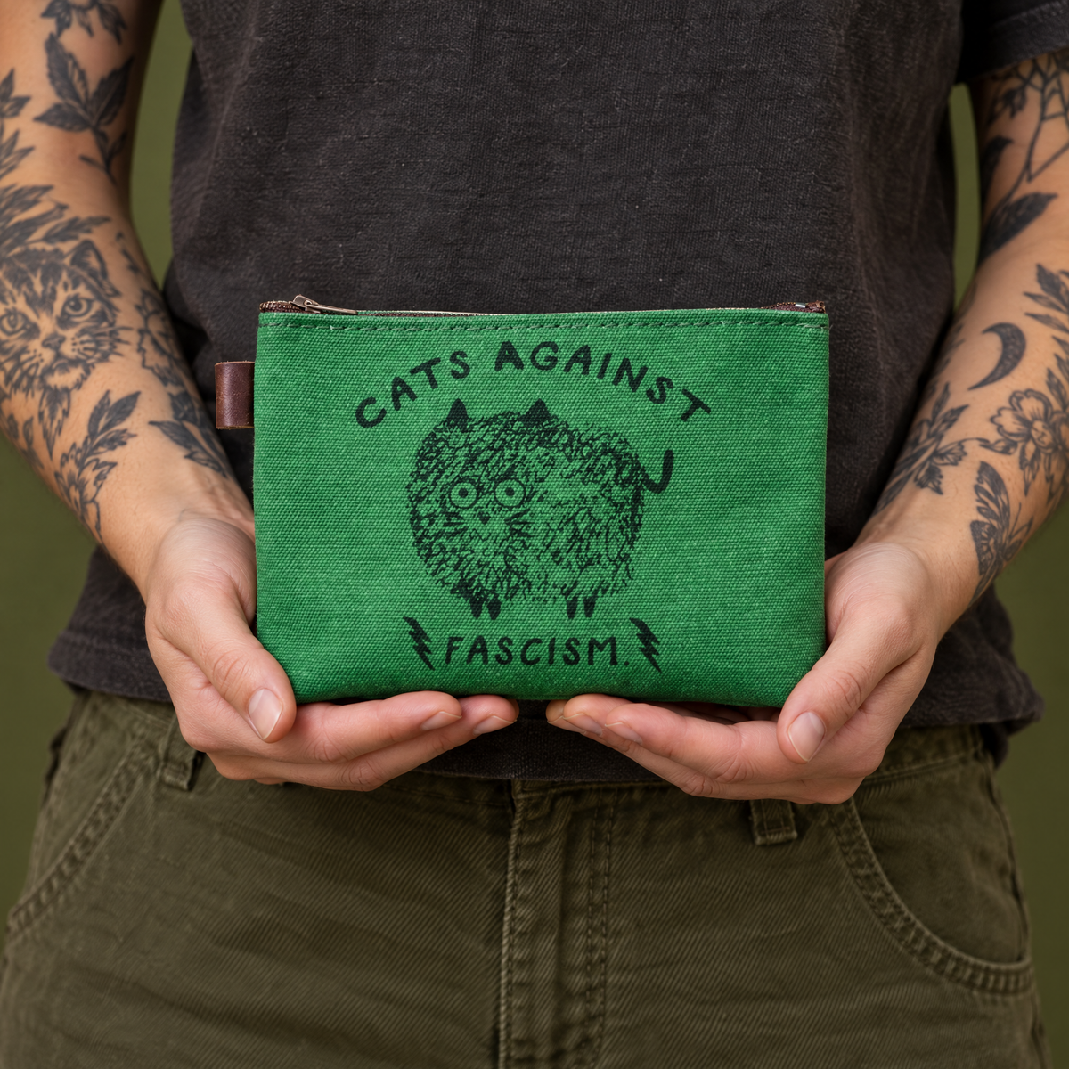 Cats Against Fascism Handprinted Canvas Zipper Pouch