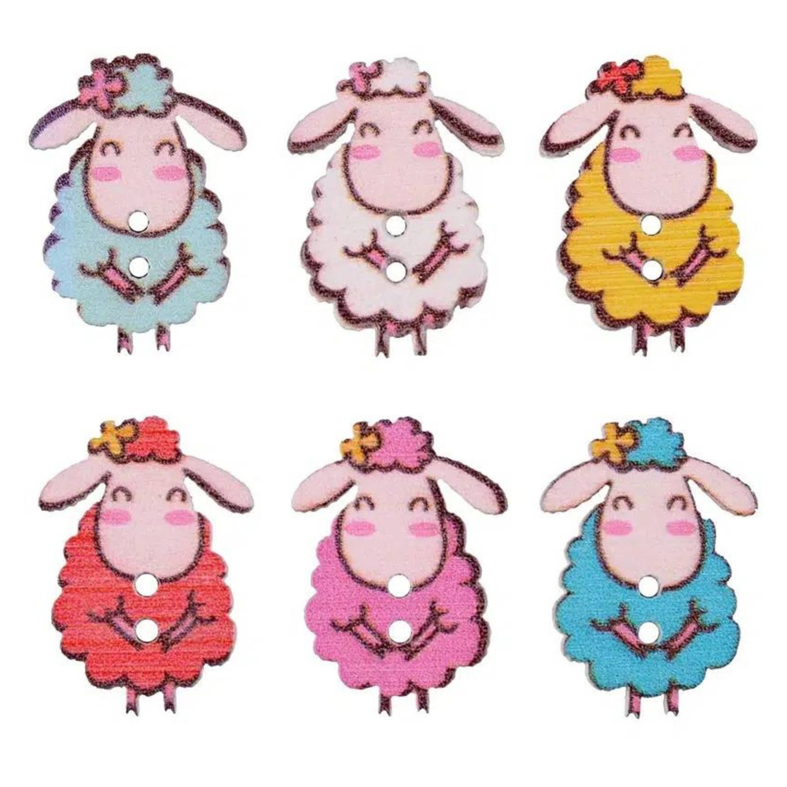 Mix Of Colorful Sheep Wooden Buttons 1.1 Inch Size / Craft,