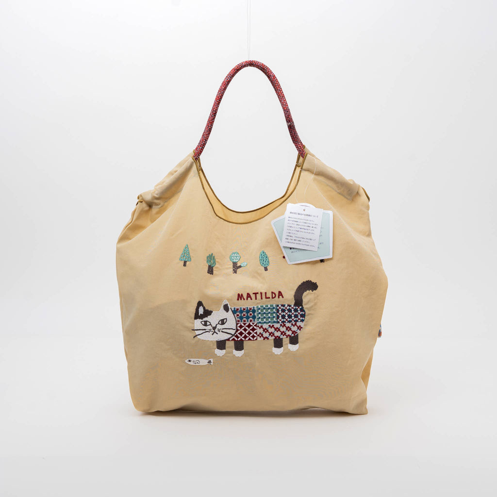 Kusuguru Embroidered Cat Nylon Shoulder Tote bag -Butter Yel