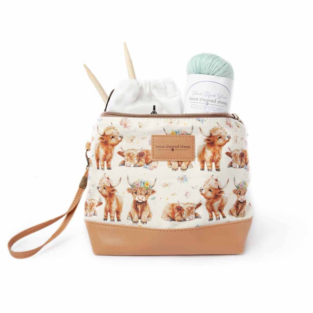 Mini Trini Bag – Small Zippered Sock Project Bag - Maisy the Highland Cow
