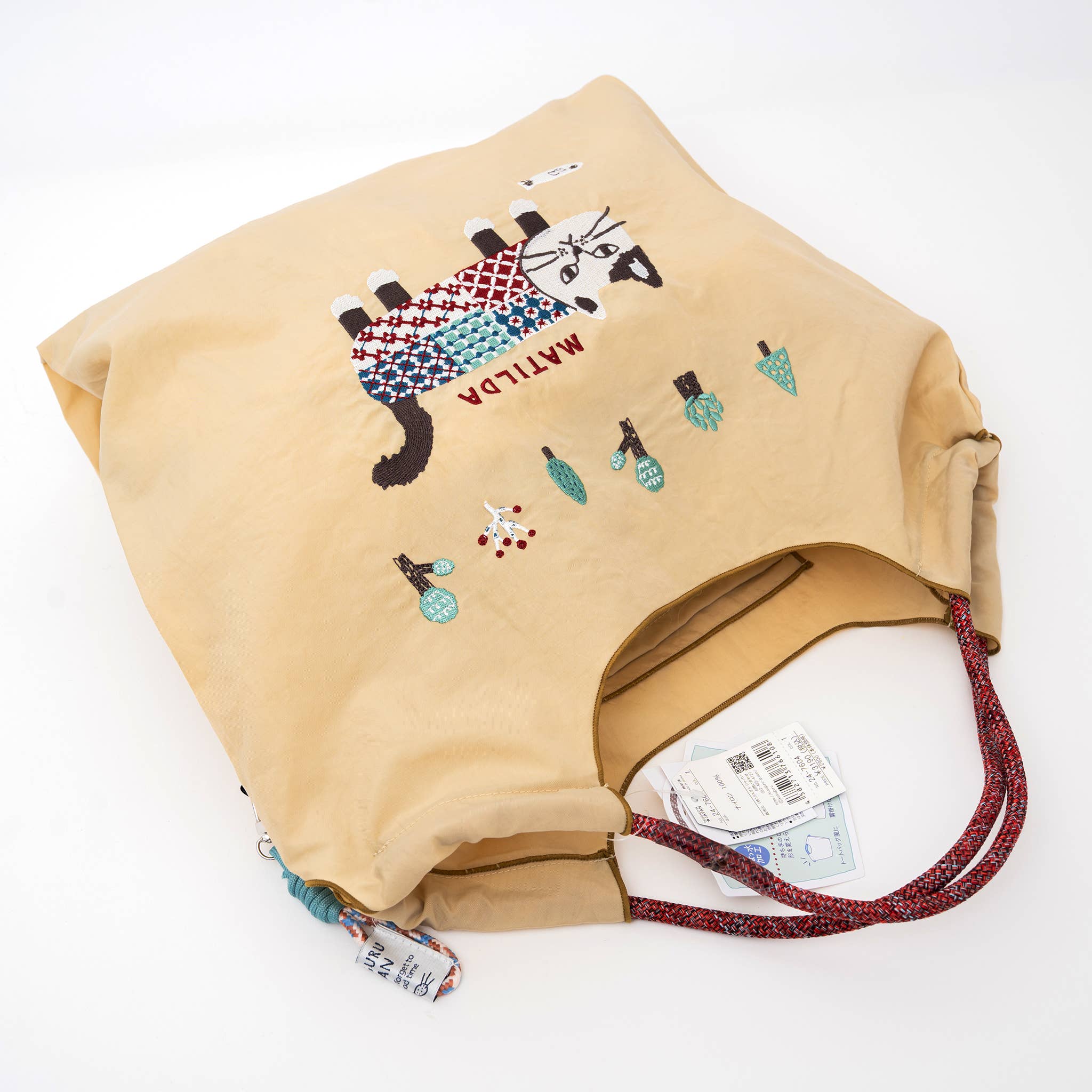 Kusuguru Embroidered Cat Nylon Shoulder Tote bag -Butter Yel