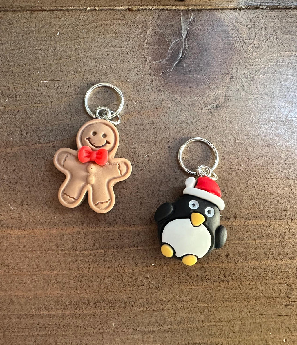 Gingerbread man and Christmas penguin stitch marker set