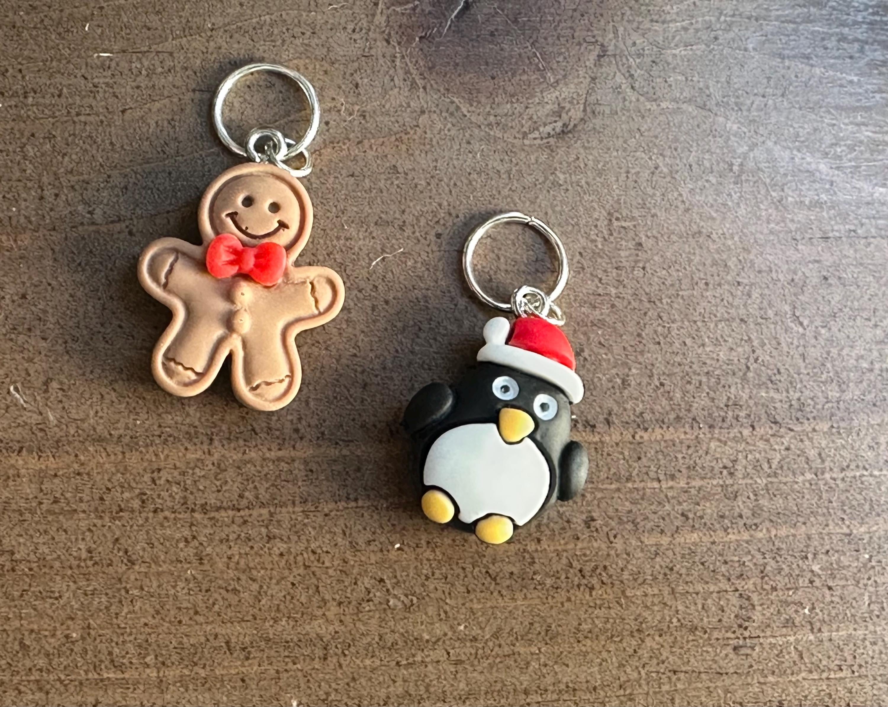 Gingerbread man and Christmas penguin stitch marker set