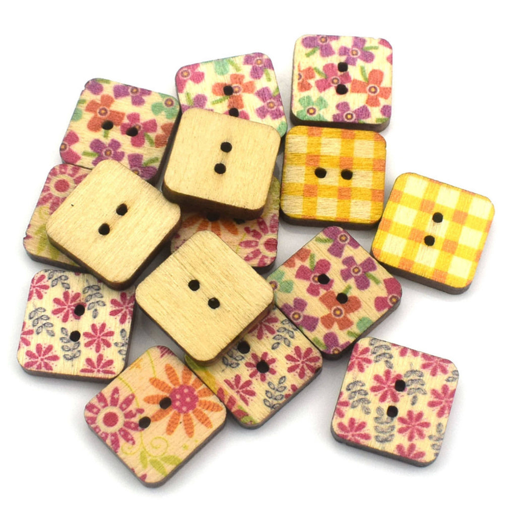 Mix Of Colorful Square Buttons, Wooden Square Floral Buttons