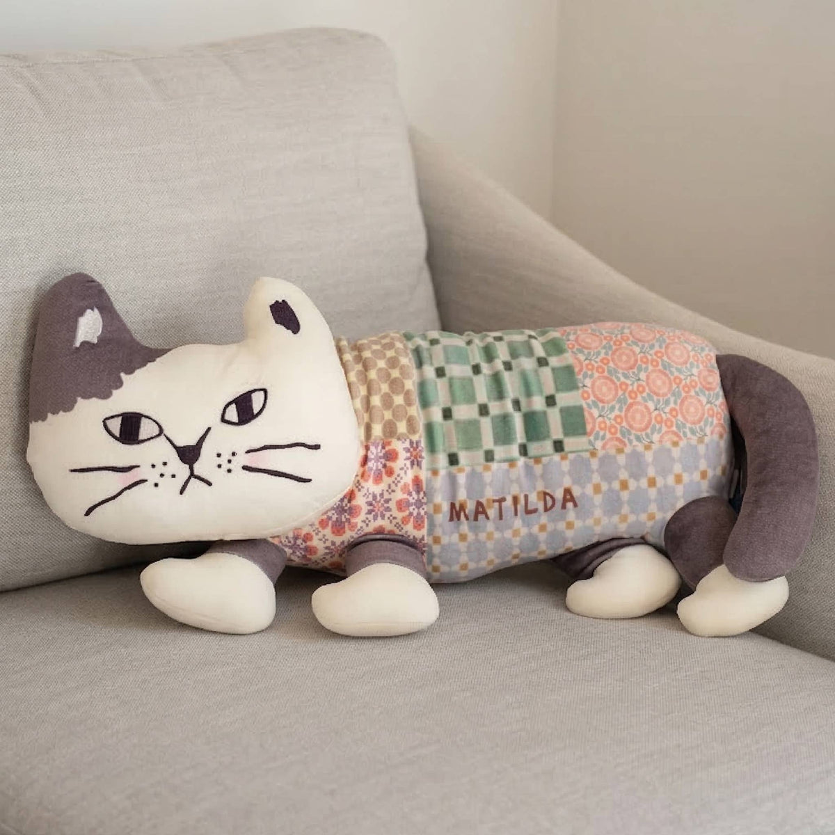 Kusuguru Japan "Matilda" Patchwork Cat Plush - Long Pillow